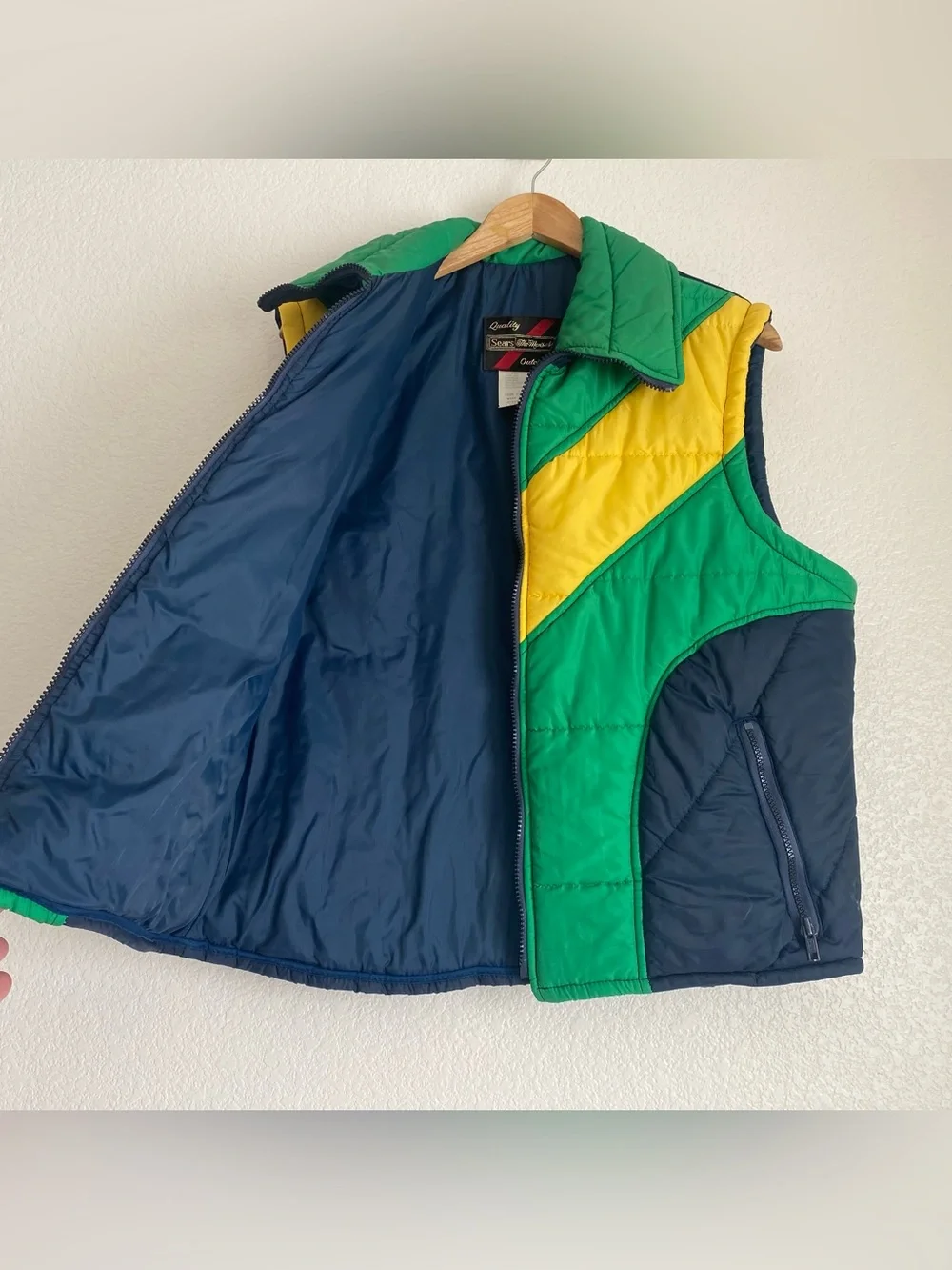 Vintage Sears Outerwear blue yellow navy colorblocking puffer vest, L